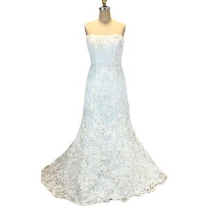 Oleg Cassini lace wedding dress gown blush pink flower strapless hourglass train